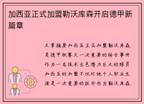 加西亚正式加盟勒沃库森开启德甲新篇章